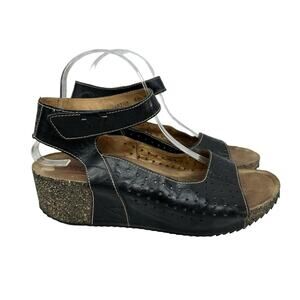 JOSEF SEIBEL Women’s Sz 41 Wedge Velcro Black Leather Sandals